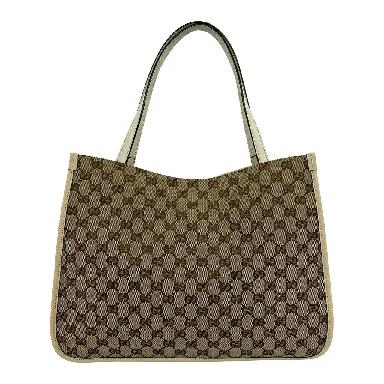 Gucci GG Logo Horsebit Canvas Leather Tote Shoulder Bag Beige — view 3