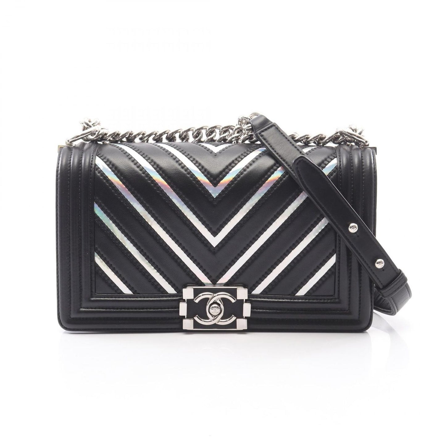 Chanel Shoulder Bag Stitch Black Silver Lambskin Chain