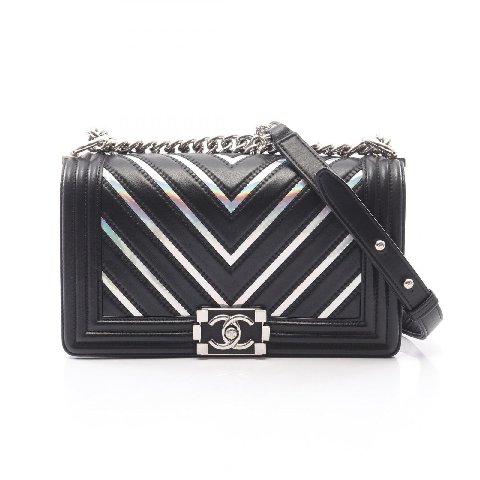 Chanel Shoulder Bag Stitch Black Silver Lambskin Chain