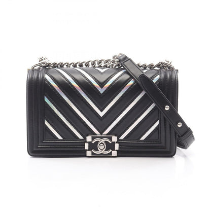 Chanel Shoulder Bag Stitch Black Silver Lambskin Chain