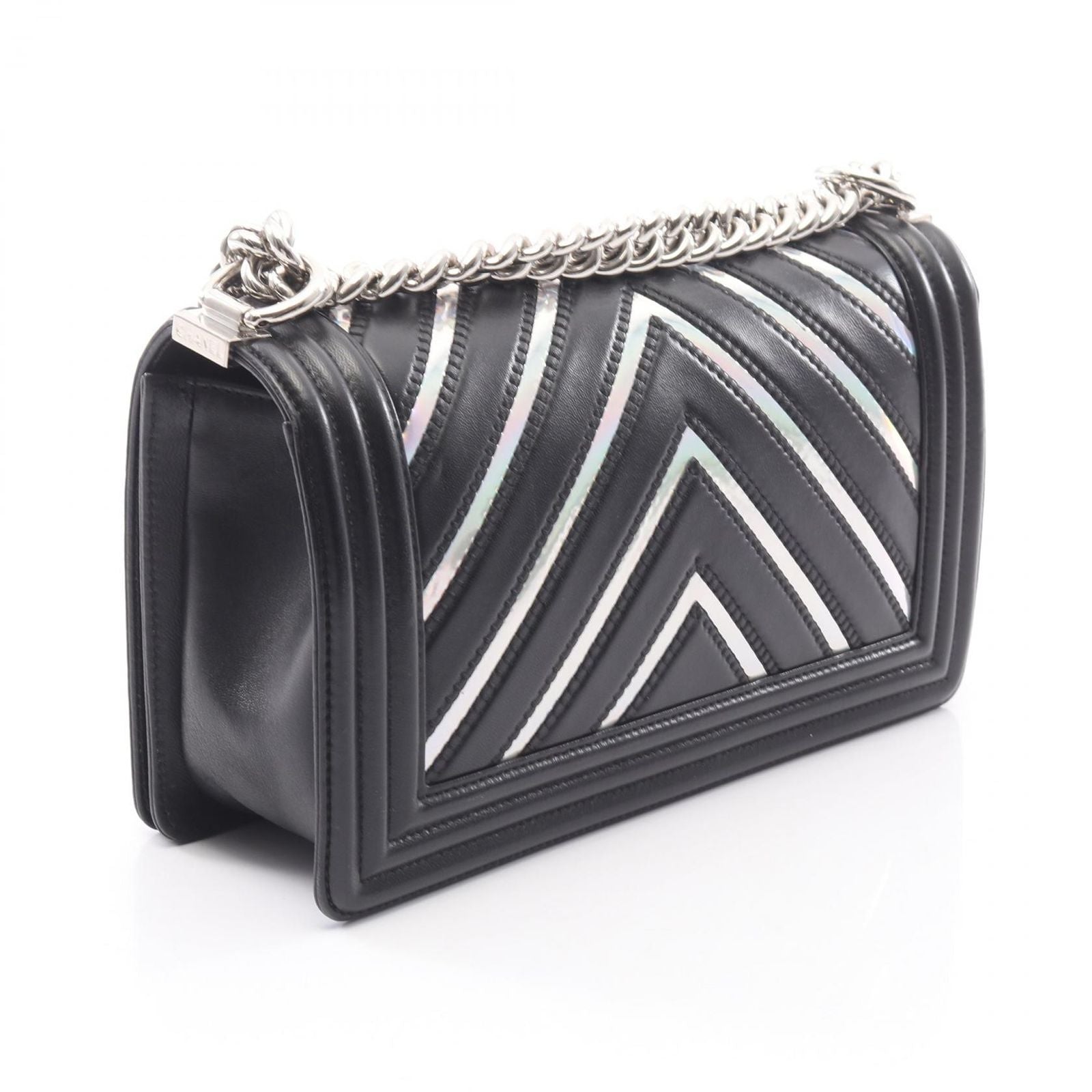 Chanel Shoulder Bag Stitch Black Silver Lambskin Chain — view 2