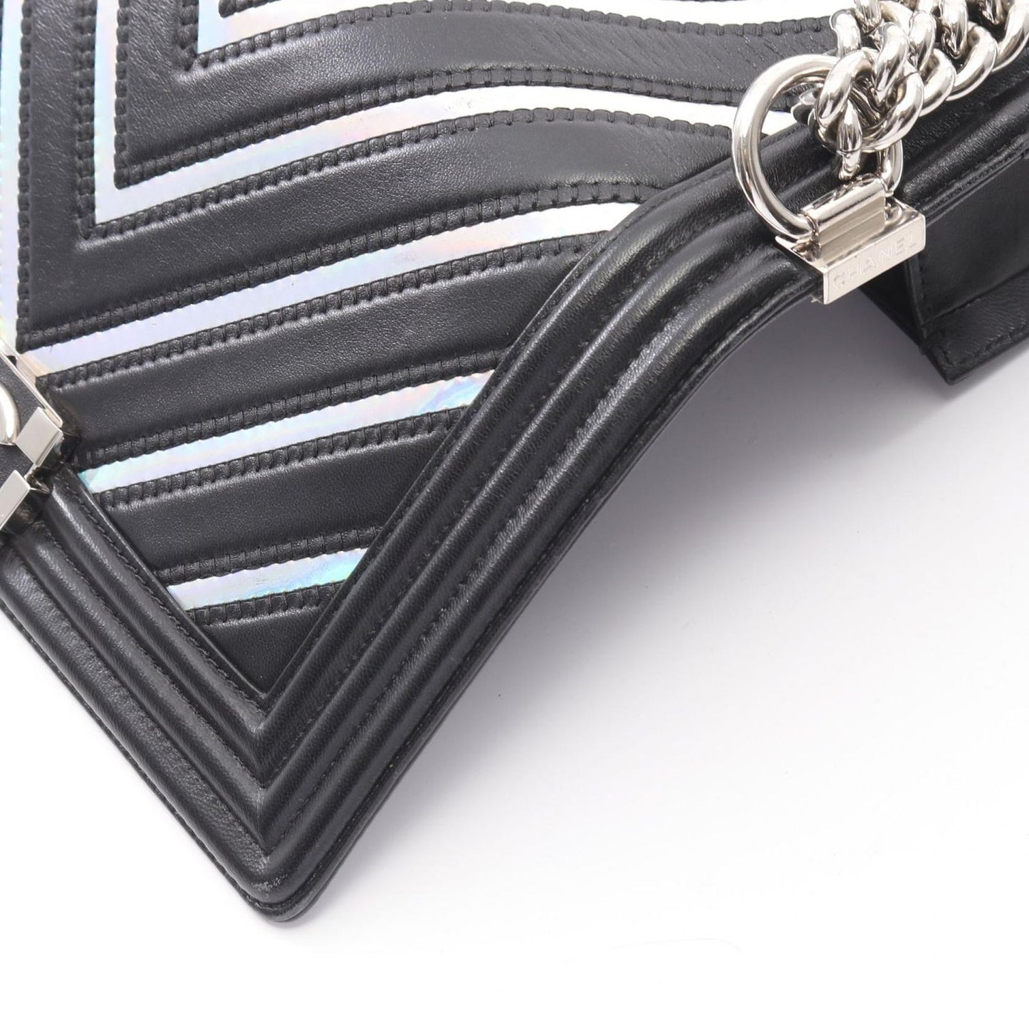 Chanel Shoulder Bag Stitch Black Silver Lambskin Chain — view 9