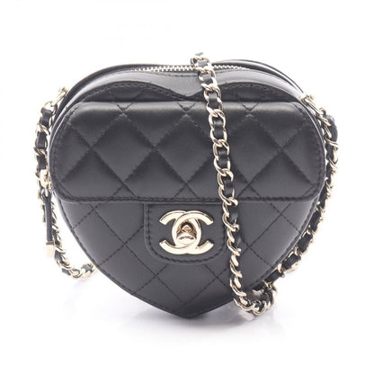 Chanel Shoulder Bag Heart Chain Clutch Quilted Black Lambskin