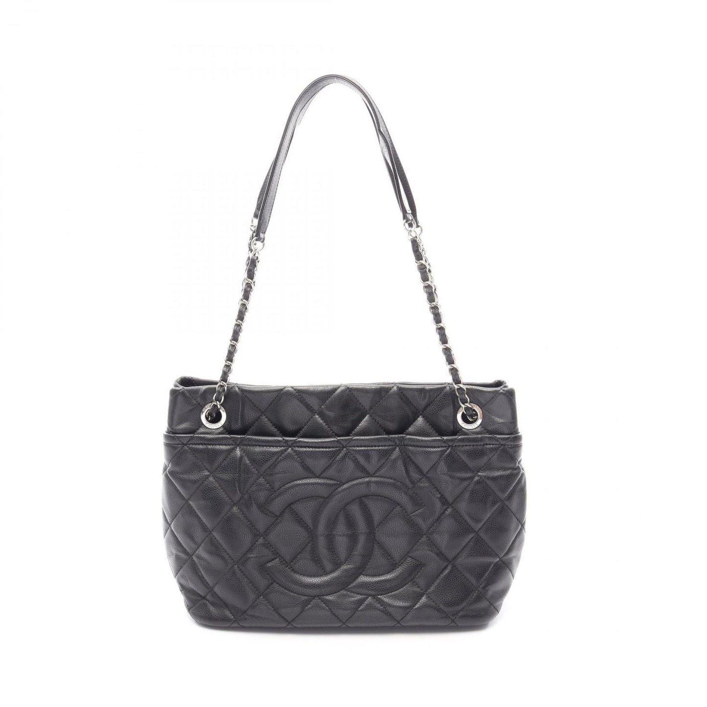 Chanel Tote Quilted Black Caviar Leather CC Logo Chain