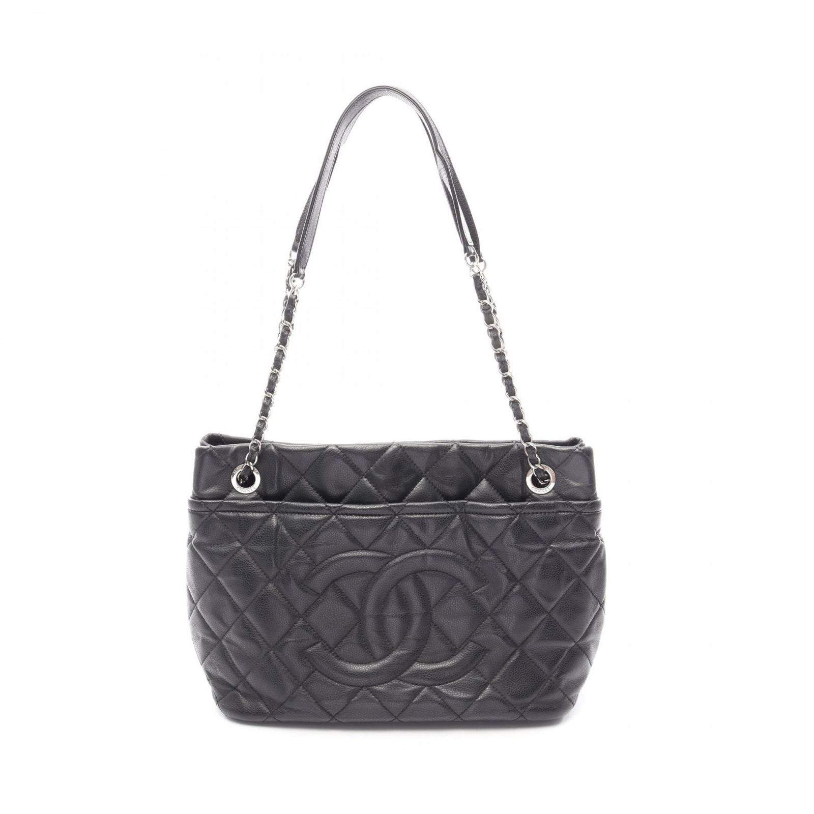 Chanel Tote Quilted Black Caviar Leather CC Logo Chain