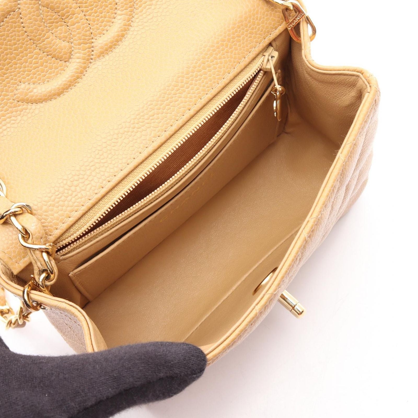 Chanel Shoulder Bag Mini Quilted Beige Caviar Leather Chain — view 3