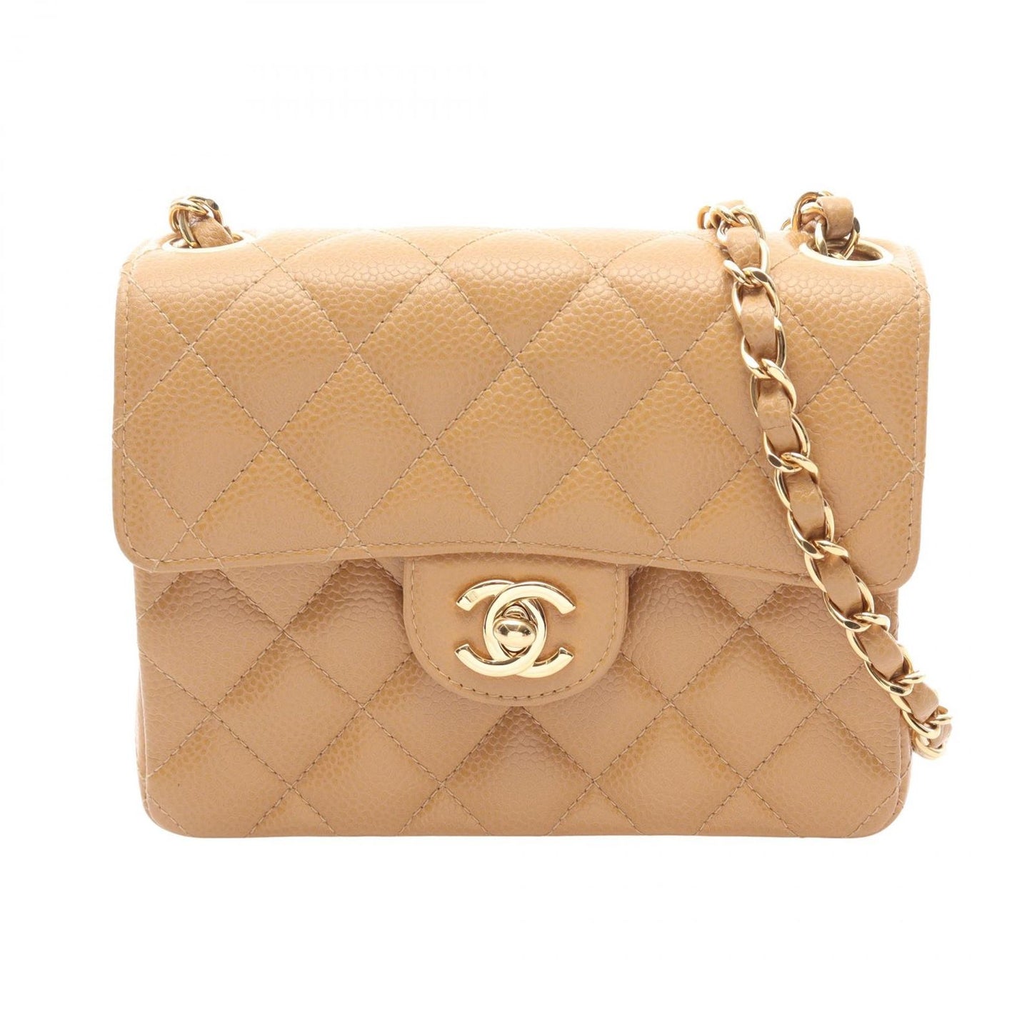 Chanel Shoulder Bag Mini Quilted Beige Caviar Leather Chain