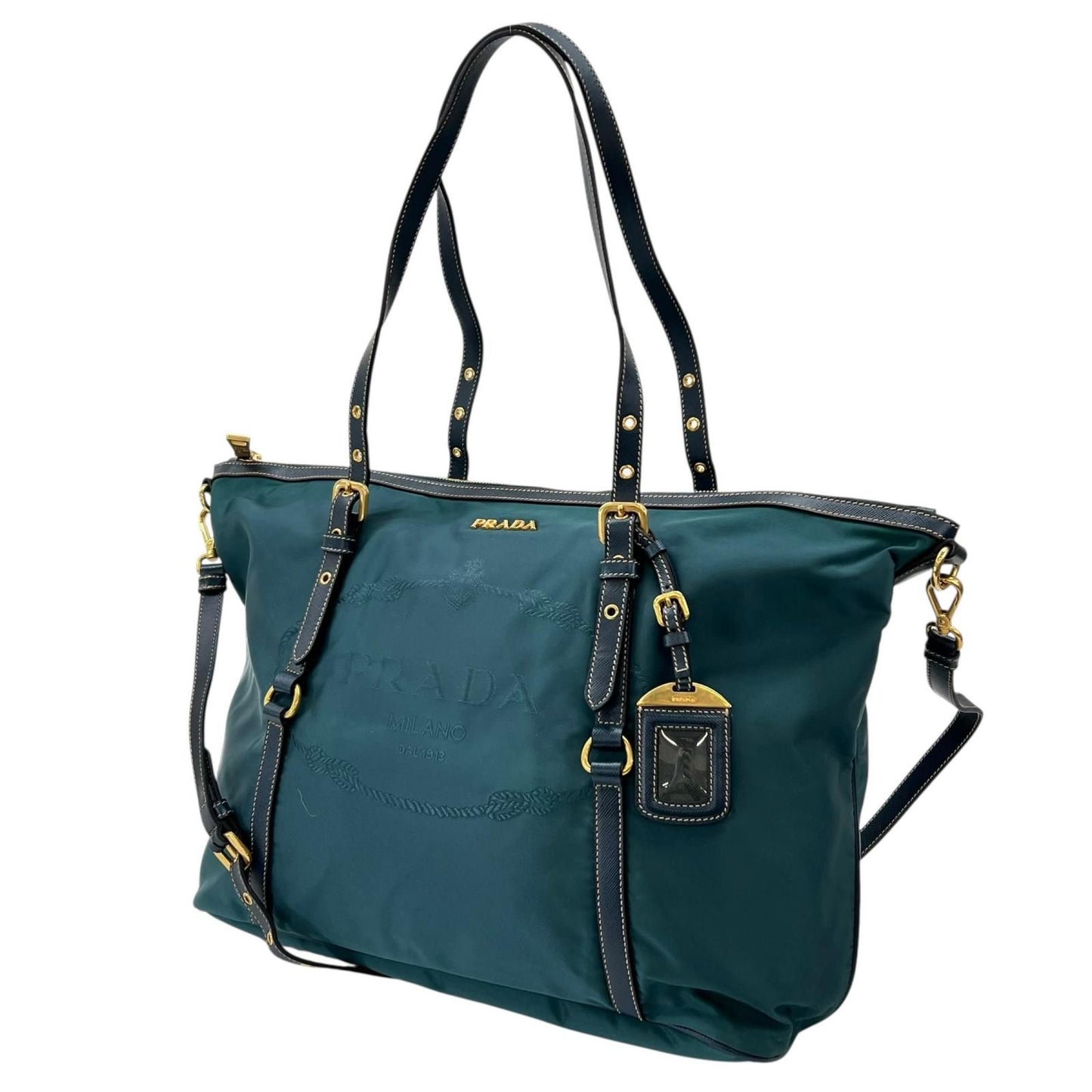 Prada Tessuto Saffiano Nylon Leather Green Tote Gold — view 4