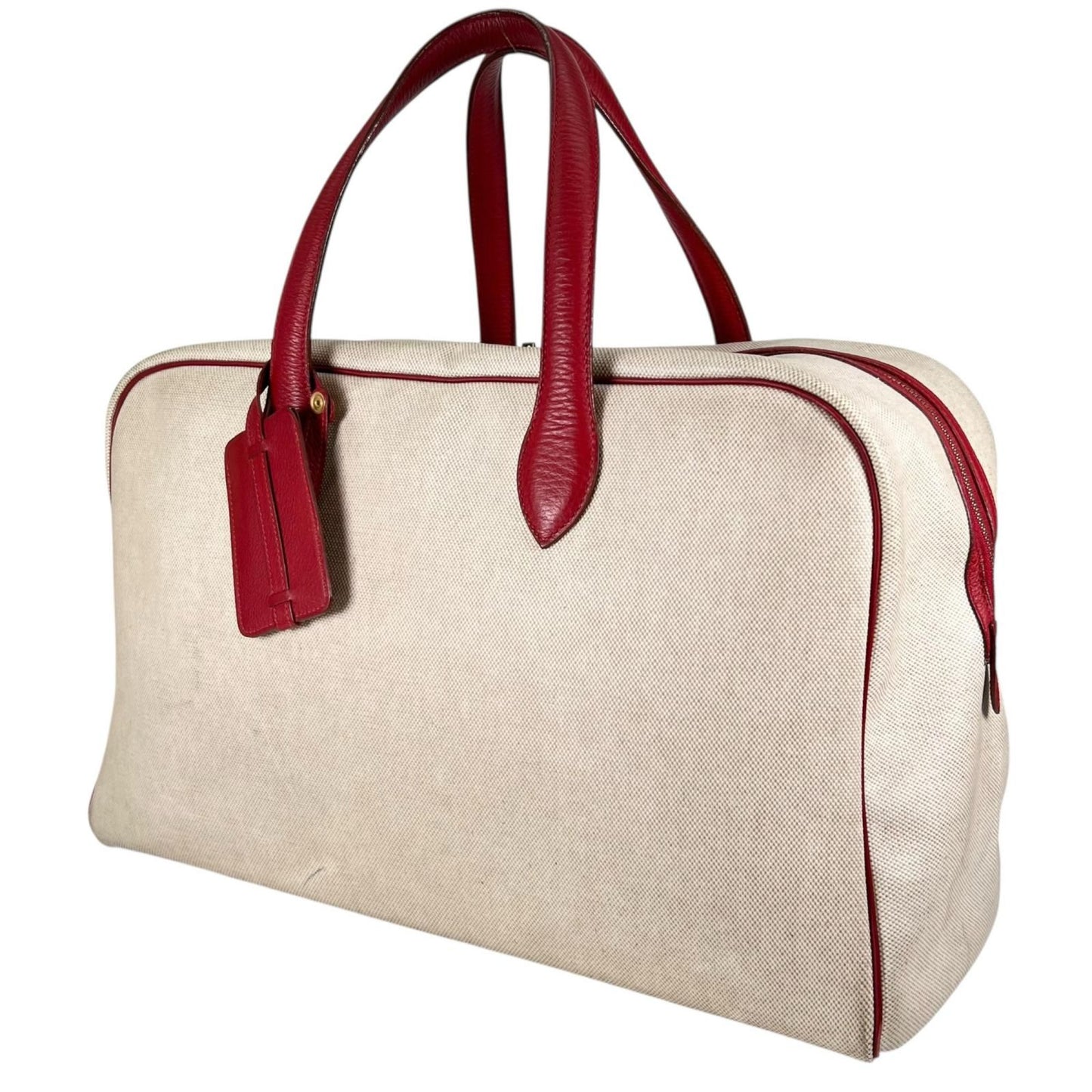 Hermes Victoria 43 Leather Toile Ash Beige Red Boston Bag Gold — view 4