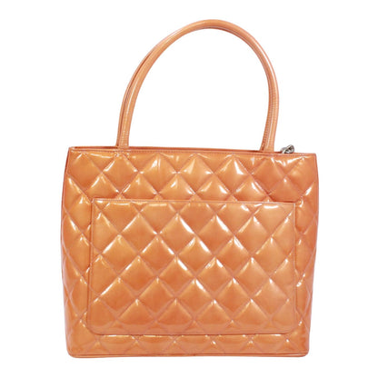 Chanel Medallion Tote Enamel Leather Orange Silver — view 3