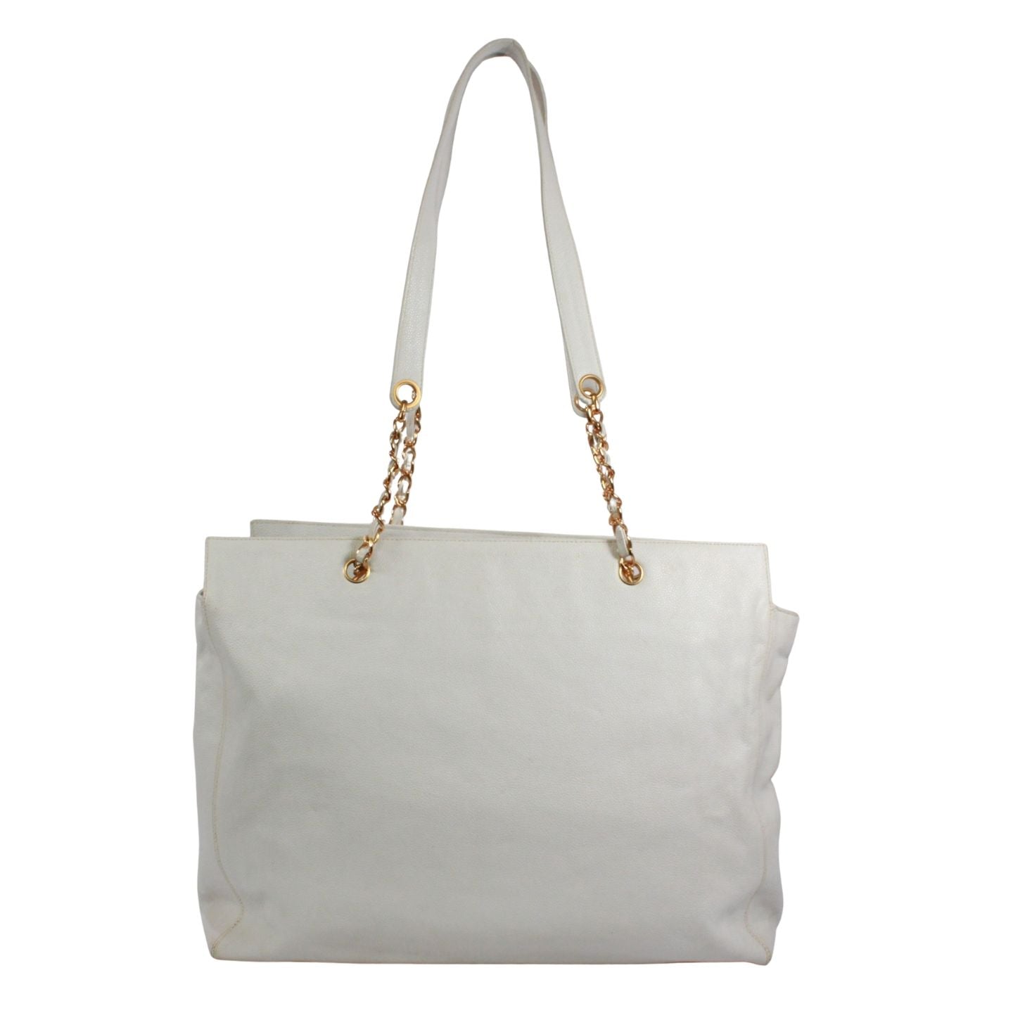 Chanel CC Logo Caviar Leather White Tote Gold — view 3