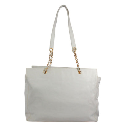 Chanel CC Logo Caviar Leather White Tote Gold — view 3