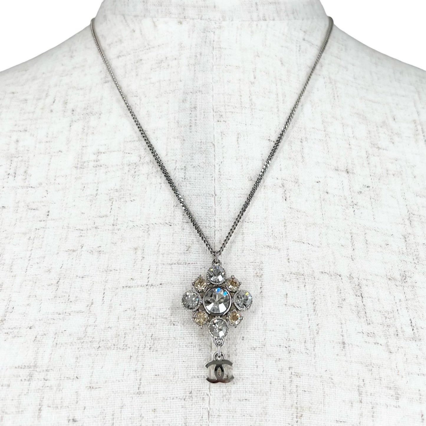 Chanel CC Logo Metal Rhinestone Silver Necklace — view 3