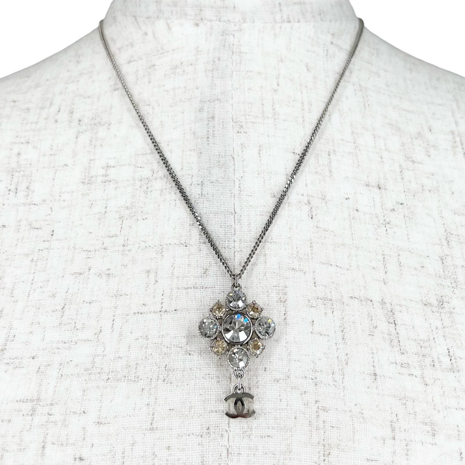 Chanel CC Logo Metal Rhinestone Silver Necklace — view 3