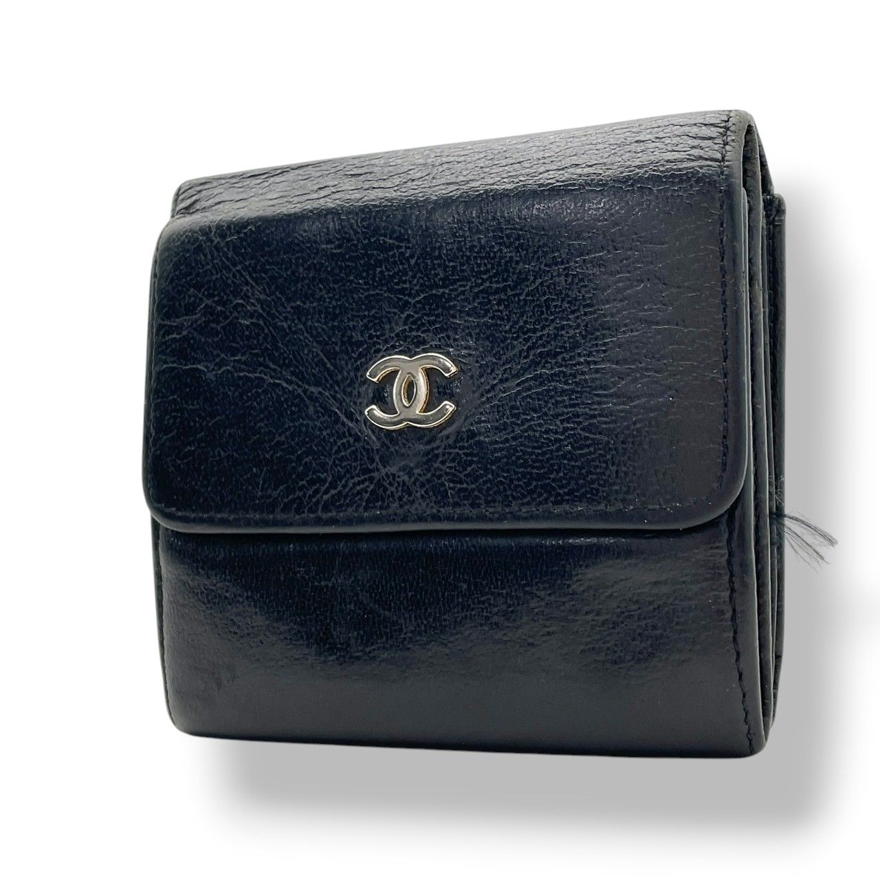 Chanel CC Logo Hook Bifold Wallet Leather Black Gold Flap Compact Folding Coin