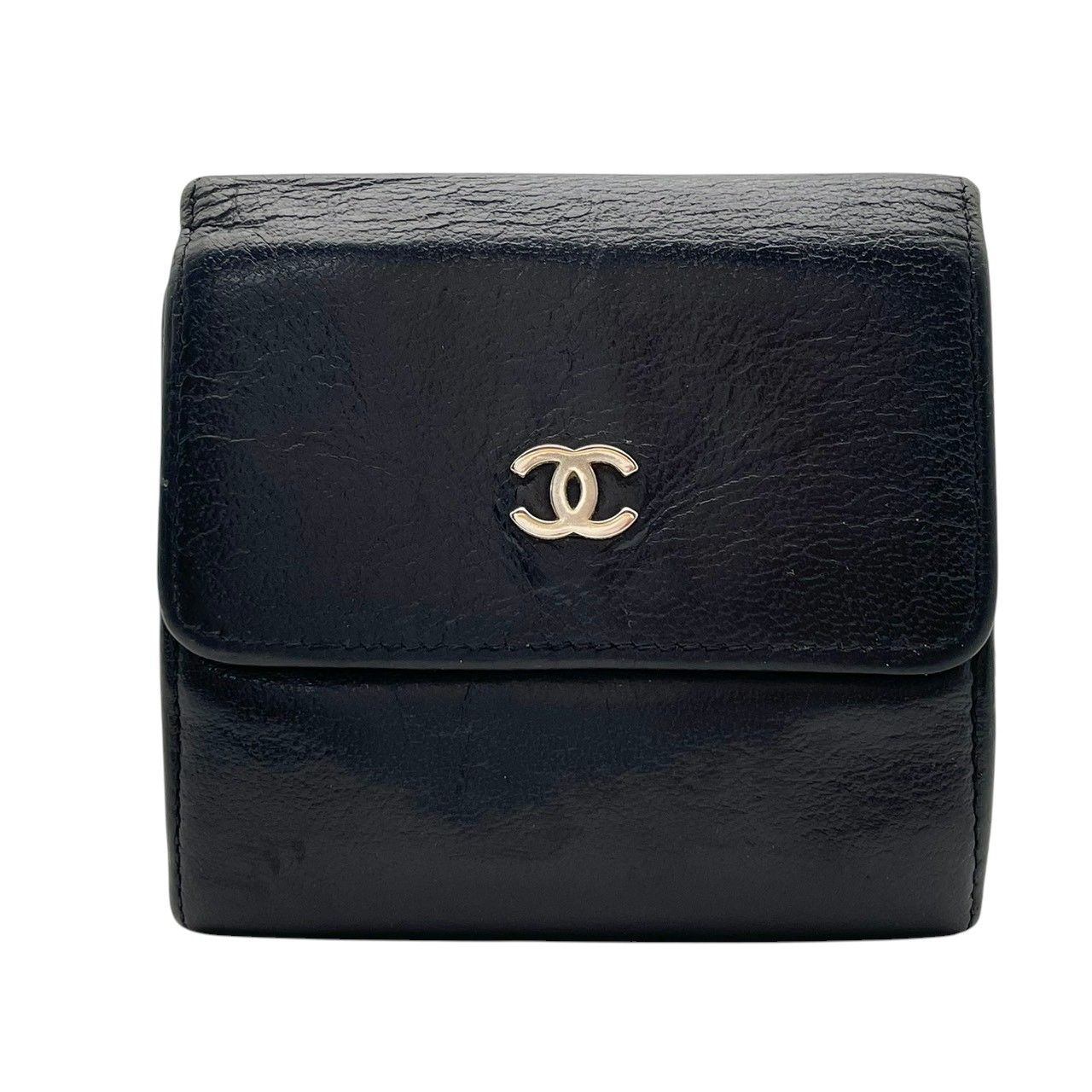 Chanel CC Logo Hook Bifold Wallet Leather Black Gold Flap Compact Folding Coin — view 2