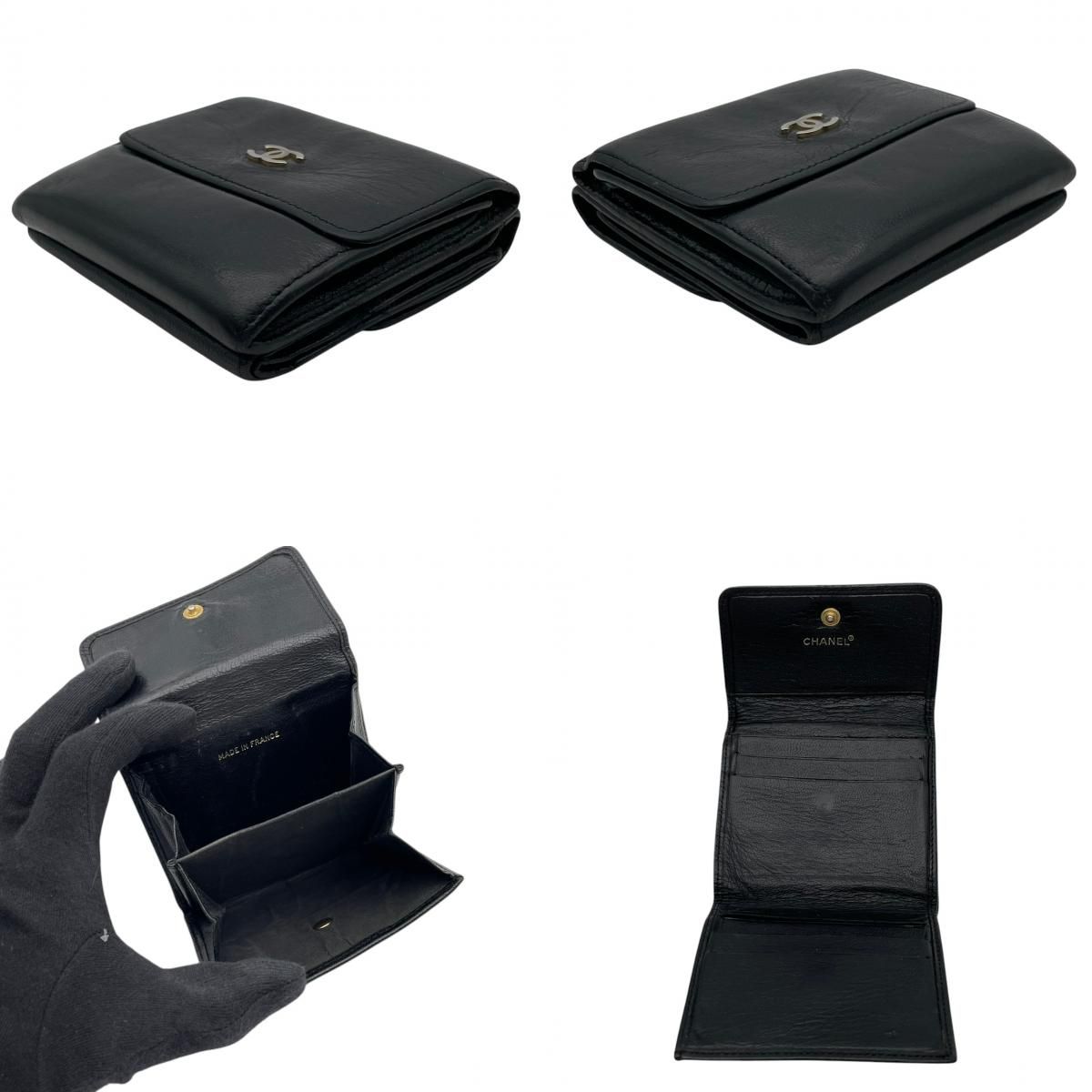 Chanel CC Logo Hook Bifold Wallet Leather Black Gold Flap Compact Folding Coin — view 7