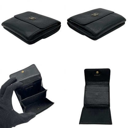 Chanel CC Logo Hook Bifold Wallet Leather Black Gold Flap Compact Folding Coin — view 7