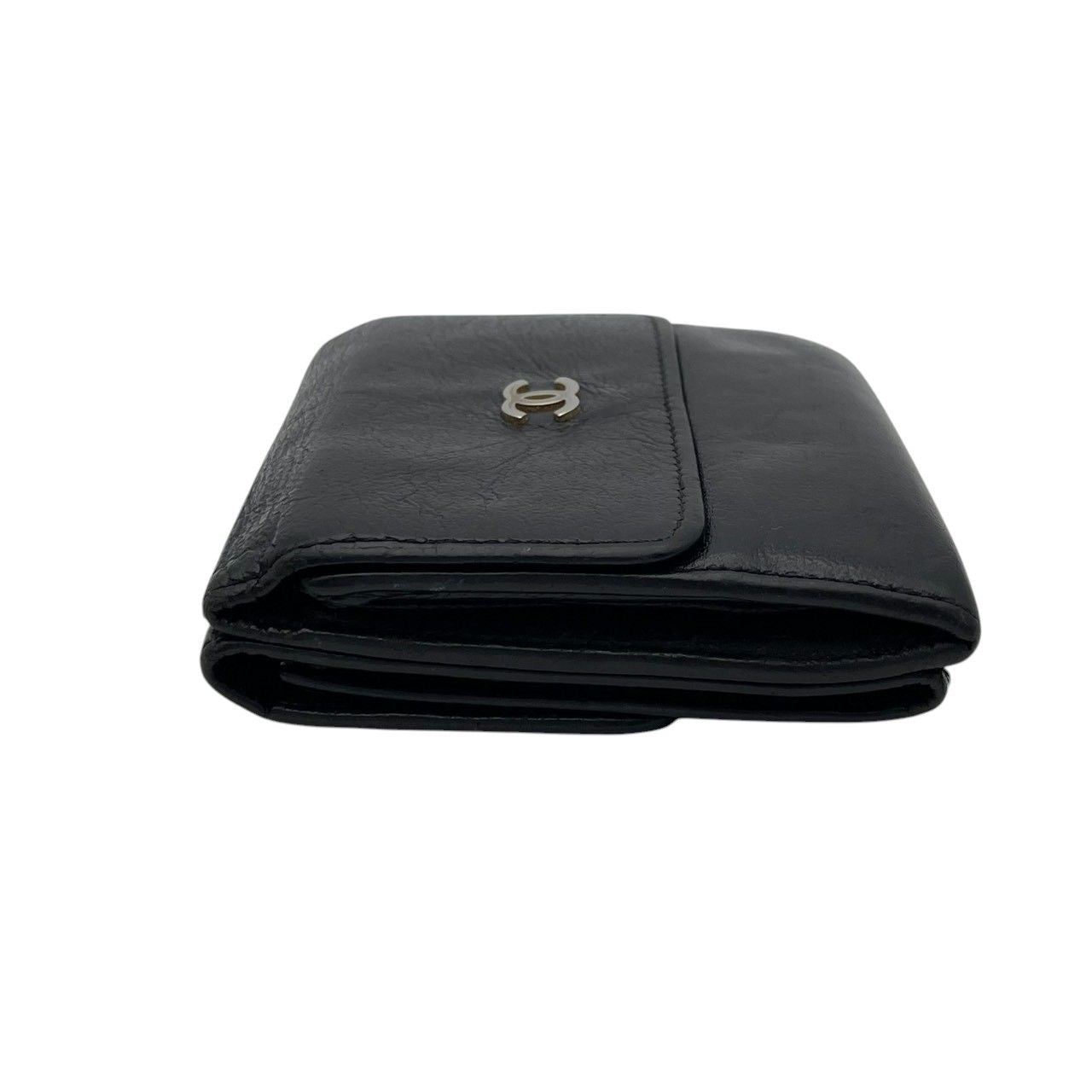 Chanel CC Logo Hook Bifold Wallet Leather Black Gold Flap Compact Folding Coin — view 5