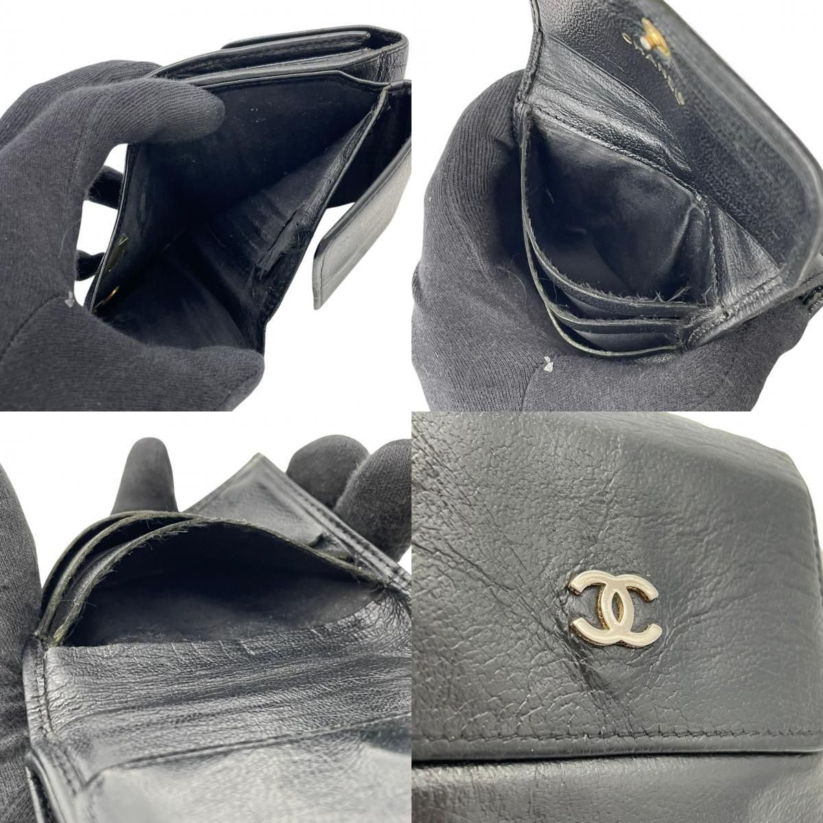Chanel CC Logo Hook Bifold Wallet Leather Black Gold Flap Compact Folding Coin — view 8