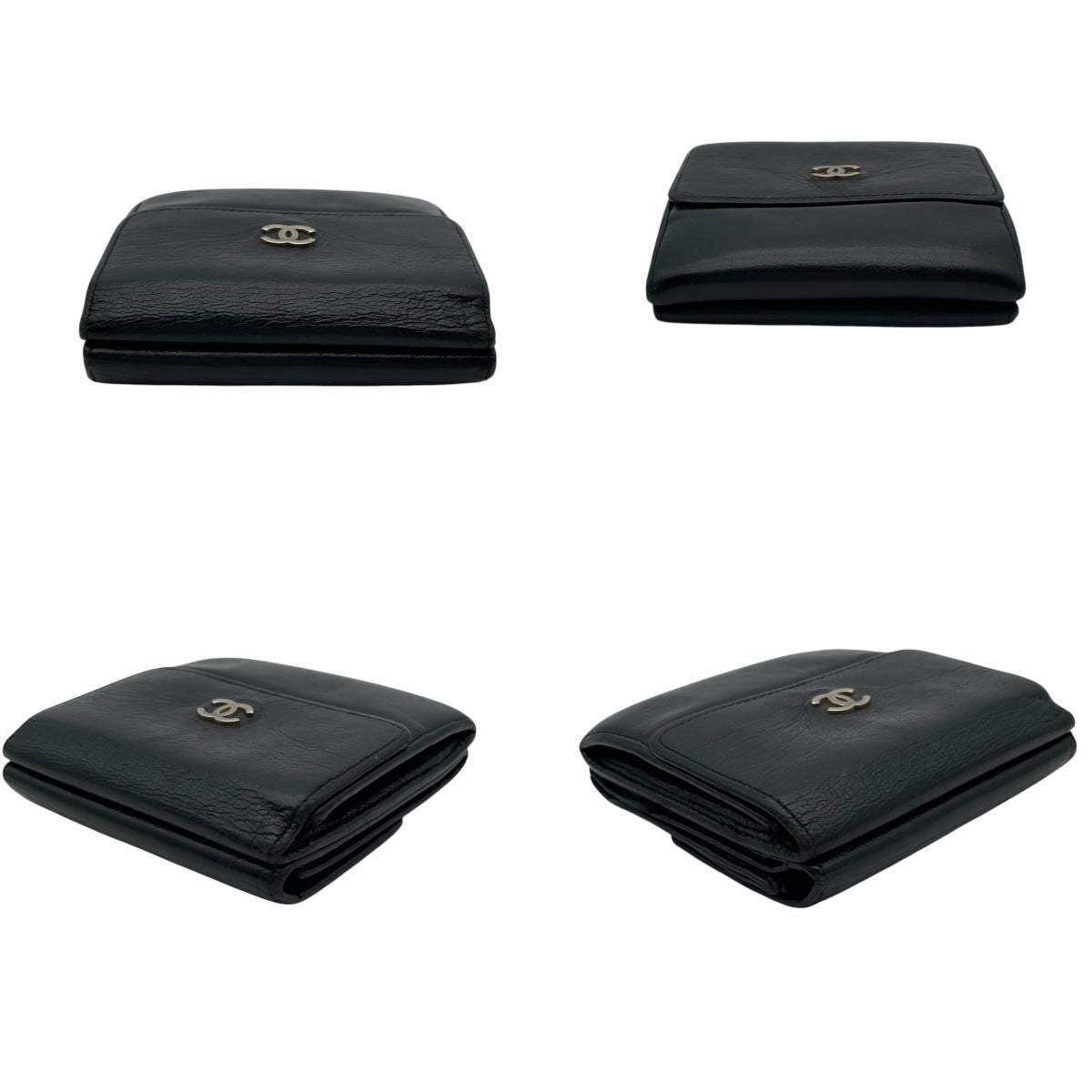 Chanel CC Logo Hook Bifold Wallet Leather Black Gold Flap Compact Folding Coin — view 6