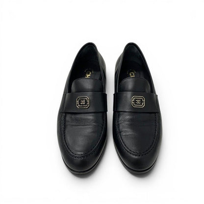 Chanel Loafers Leather Shoes Black Gold CC Logo Flat — view 2