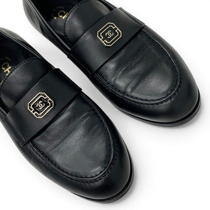 Chanel Loafers Leather Shoes Black Gold CC Logo Flat — view 9
