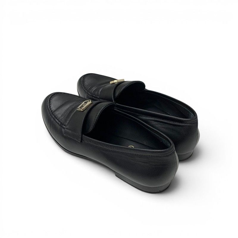 Chanel Loafers Leather Shoes Black Gold CC Logo Flat — view 4