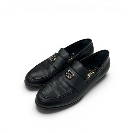Chanel Loafers Leather Shoes Black Gold CC Logo Flat