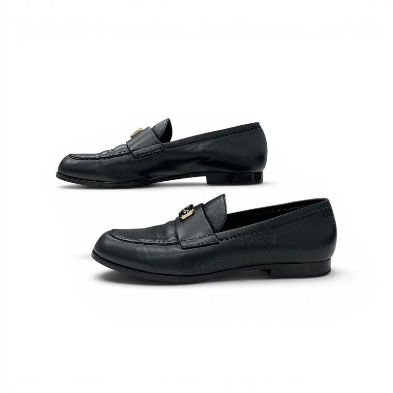 Chanel Loafers Leather Shoes Black Gold CC Logo Flat — view 3