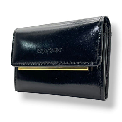 Saint Laurent Coin Purse Leather Black Enamel Gold Logo