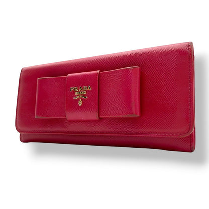 Prada Saffiano Fiocco Wallet Leather Pink Ribbon Flap Bifold Gold Logo Billfold
