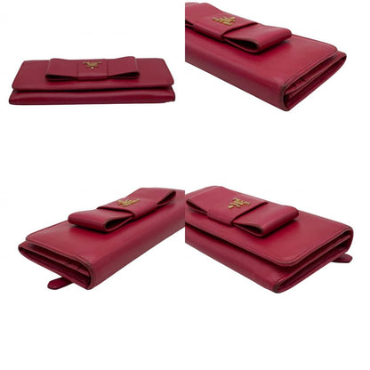 Prada Saffiano Fiocco Wallet Leather Pink Ribbon Flap Bifold Gold Logo Billfold — view 7