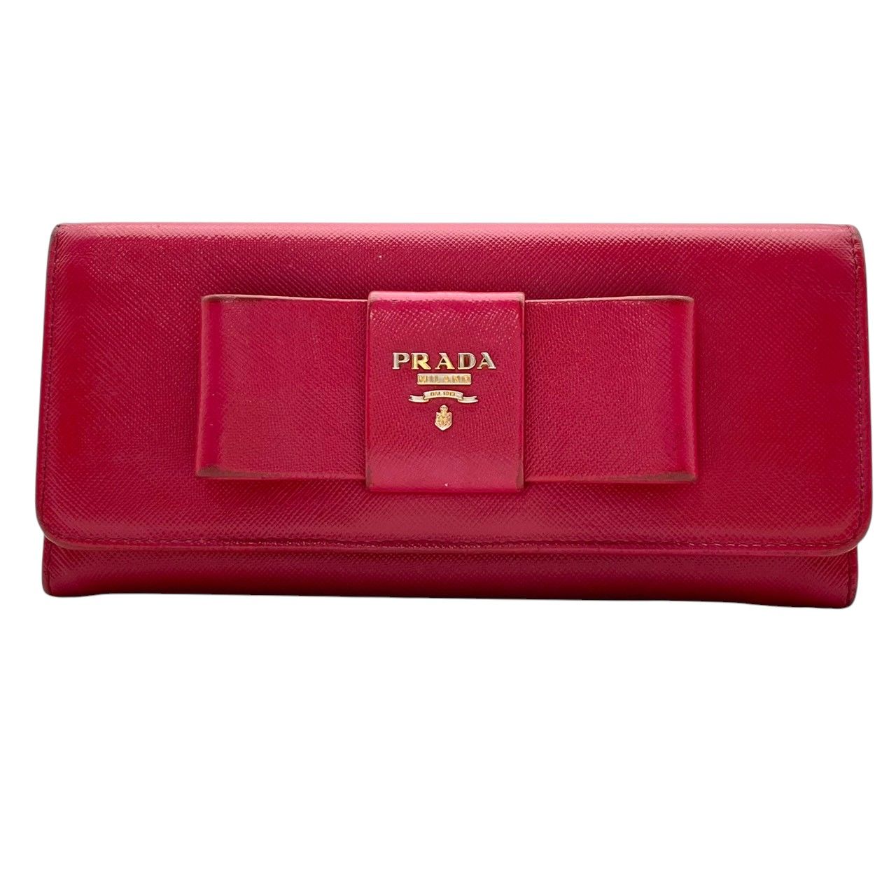 Prada Saffiano Fiocco Wallet Leather Pink Ribbon Flap Bifold Gold Logo Billfold — view 2