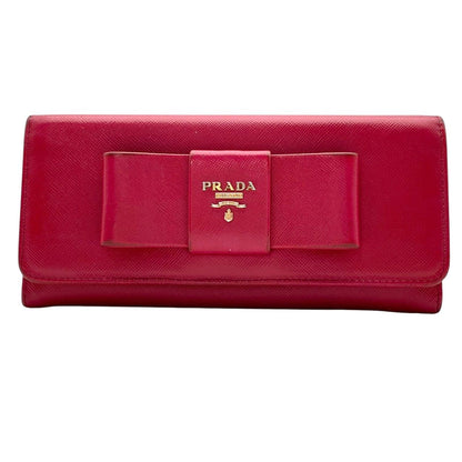 Prada Saffiano Fiocco Wallet Leather Pink Ribbon Flap Bifold Gold Logo Billfold — view 2
