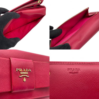 Prada Saffiano Fiocco Wallet Leather Pink Ribbon Flap Bifold Gold Logo Billfold — view 9