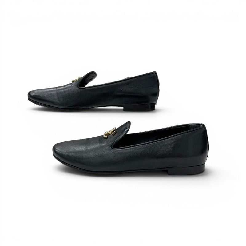Chanel Flat Shoes Leather Black Gold CC Logo Rhinestone Pearl — view 3