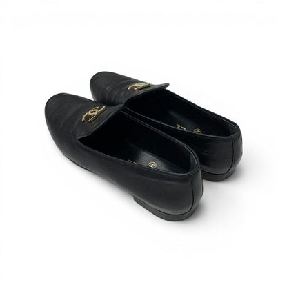 Chanel Flat Shoes Leather Black Gold CC Logo Rhinestone Pearl — view 4