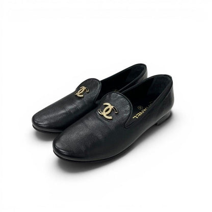 Chanel Flat Shoes Leather Black Gold CC Logo Rhinestone Pearl