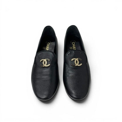 Chanel Flat Shoes Leather Black Gold CC Logo Rhinestone Pearl — view 2