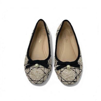 Dior Ballerina Flat Shoes Tweed Fabric Beige Black CD Logo Pearl Ribbon — view 2