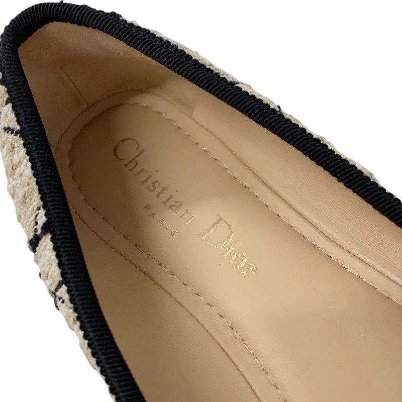 Dior Ballerina Flat Shoes Tweed Fabric Beige Black CD Logo Pearl Ribbon — view 7
