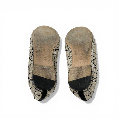 Dior Ballerina Flat Shoes Tweed Fabric Beige Black CD Logo Pearl Ribbon — view 6
