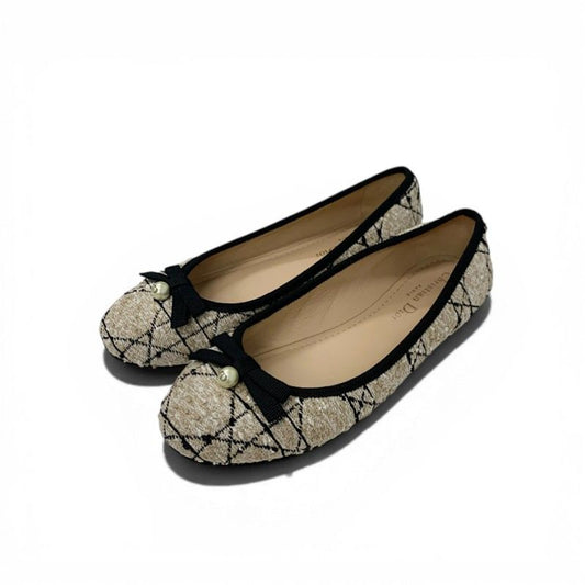 Dior Ballerina Flat Shoes Tweed Fabric Beige Black CD Logo Pearl Ribbon