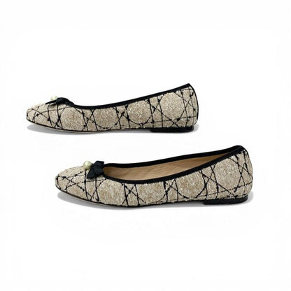 Dior Ballerina Flat Shoes Tweed Fabric Beige Black CD Logo Pearl Ribbon — view 3
