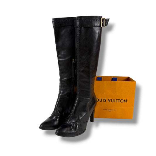 Louis Vuitton High Heels Long Boots Knee Length Leather Black 37 Half