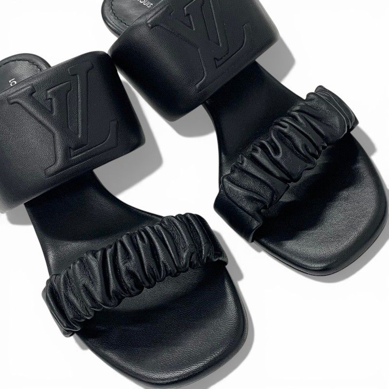 Louis Vuitton Drapy Line Sandals Shoes Leather Black LV Logo Mules — view 9