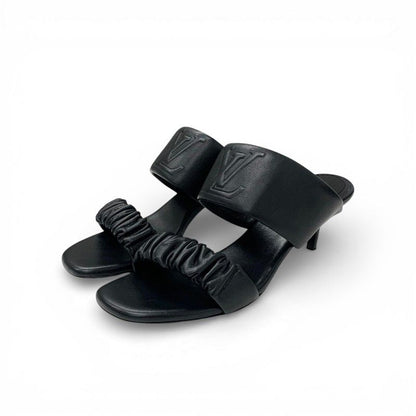 Louis Vuitton Drapy Line Sandals Shoes Leather Black LV Logo Mules