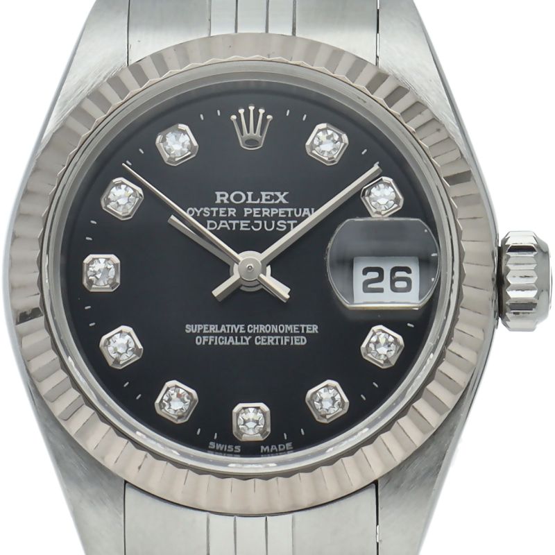 Rolex Datejust Watch Diamond 18k White Gold SS Black Polished
