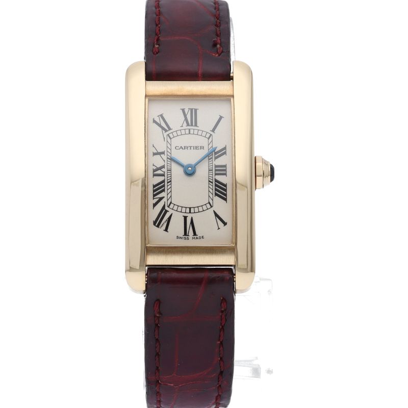 Cartier Tank American SM Watch 18k Yellow Gold Leather Silver Polished — view 2